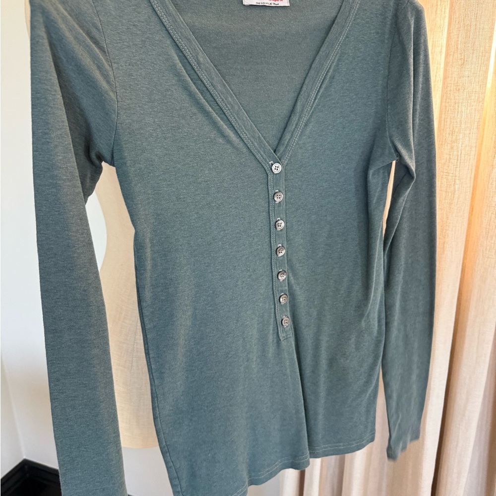 Michael Stars Long Sleeve V-Neck Button Placket Top - blue grey